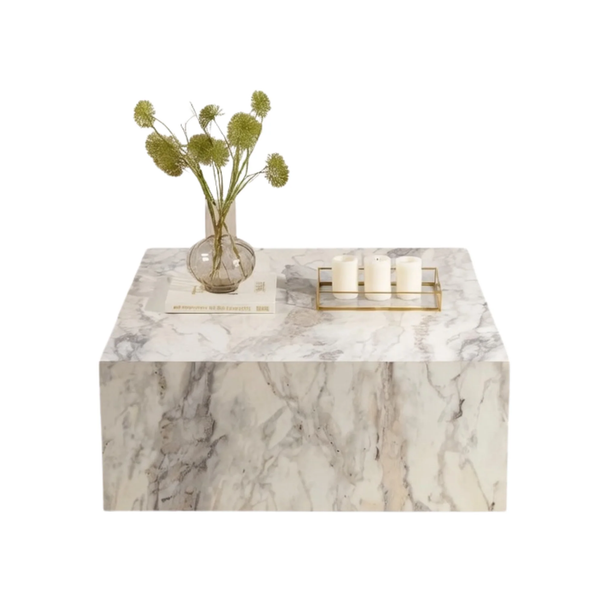 Freesia Marble-Effect Square Plinth Coffee Table - Karrari