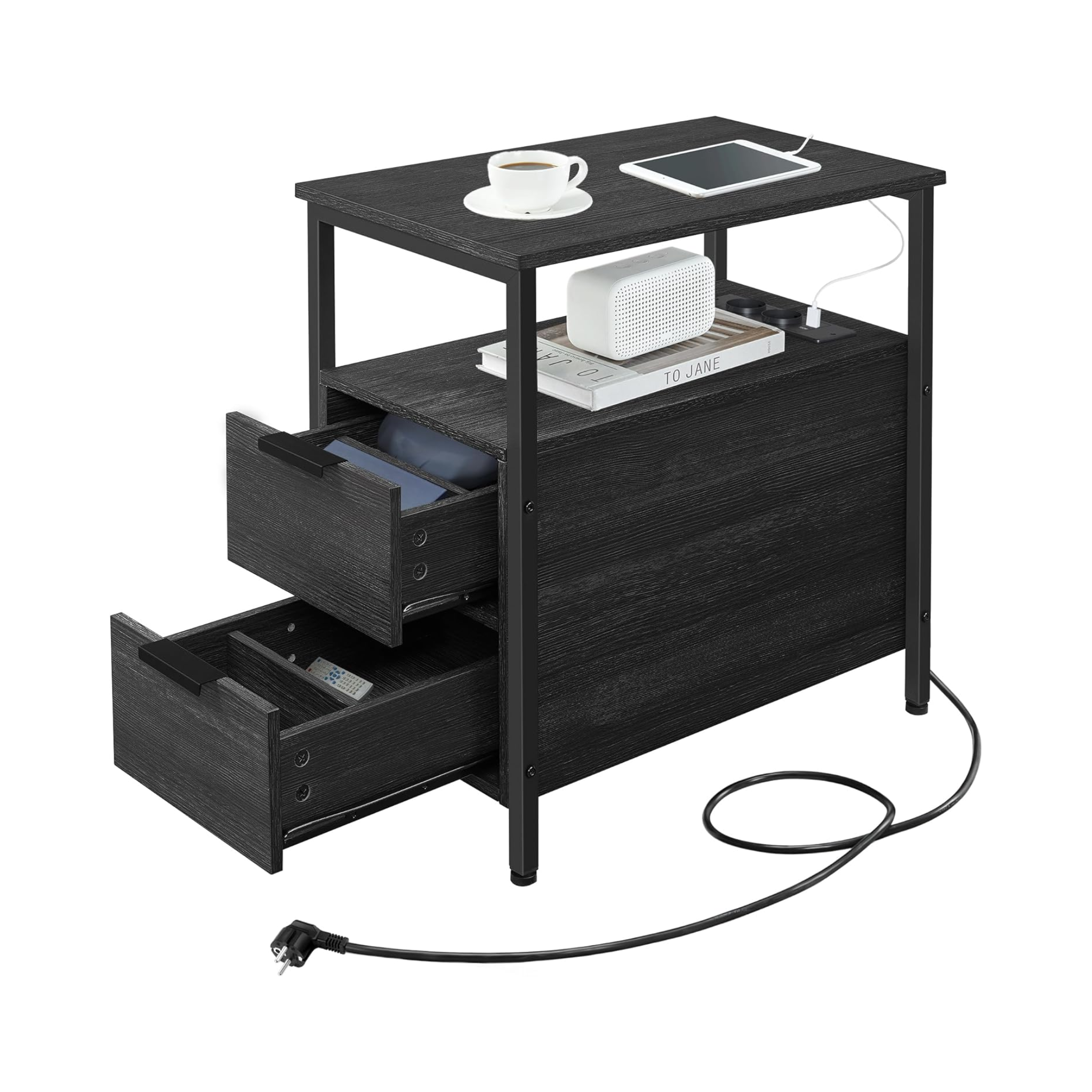 Side Table with Power Strip & Drawers