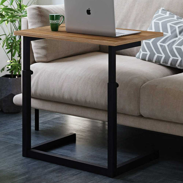 Adjustable C-Shaped Side Table | Rustic Wood & Black Metal - Karrari