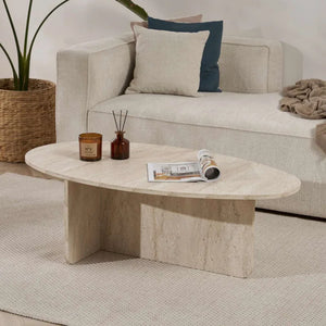 Orbital Travertine-Style Oval Coffee Table - Karrari