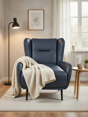 Modern Wingback Accent Chair – Navy Blue Faux Leather Armchair - Karrari