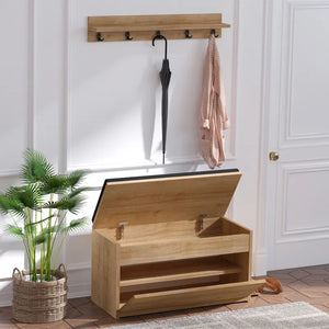 Oak-Finish Coat Rack & Cushioned Shoe Storage Bench - Karrari