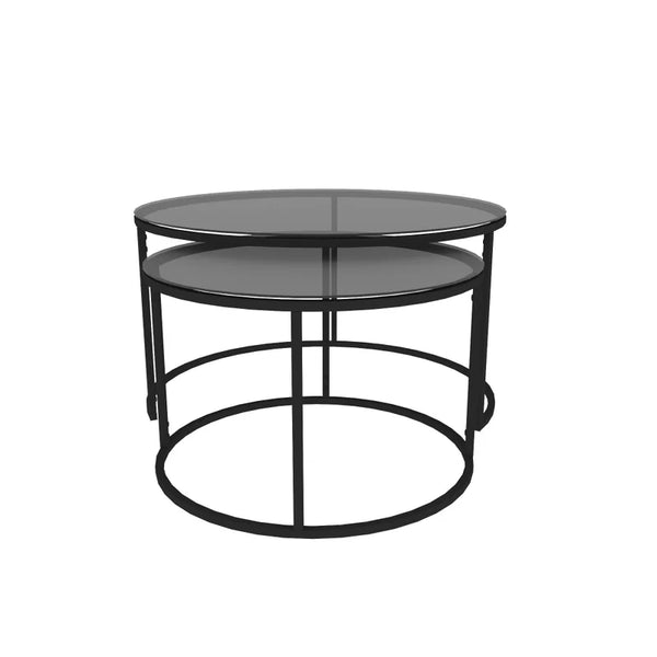 Set of 2 Round Coffee Tables in Black - Dark Glass