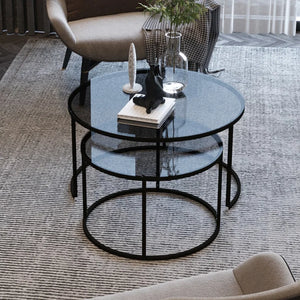 Set of 2 Round Coffee Tables in Black - Dark Glass