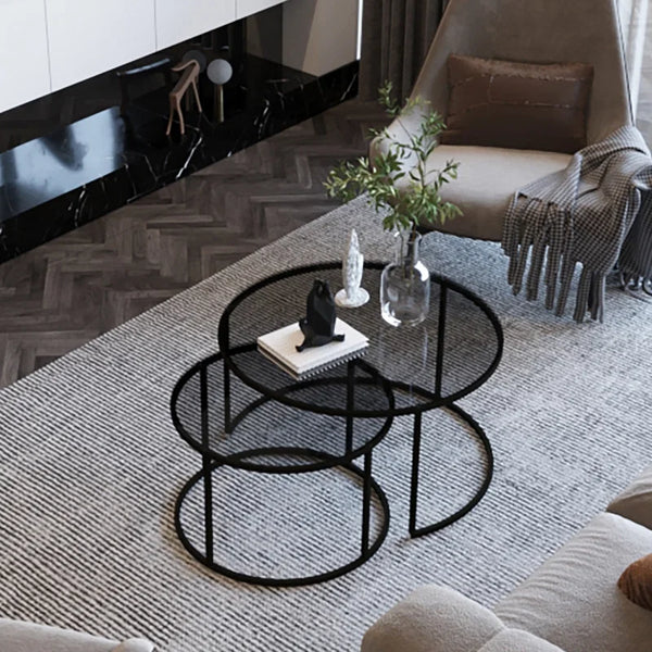 Set of 2 Round Coffee Tables in Black - Dark Glass