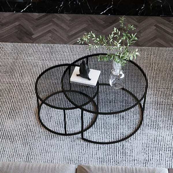 Set of 2 Round Coffee Tables in Black - Dark Glass