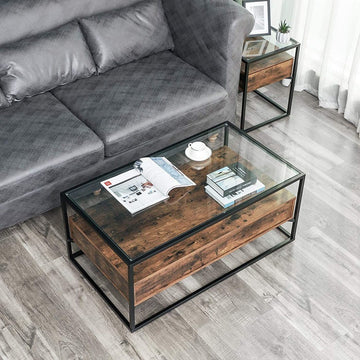 Industrial Design Coffee Table, Living Room Table, Glass Table with 2 Drawers