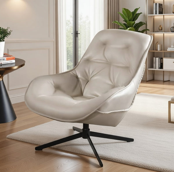 Khaki Tufted Leather Lounge Chair with Swivel Iron Base - Karrari