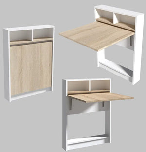Wall-Mounted Folding Desk & Storage Cabinet – White & Light Wood - Karrari