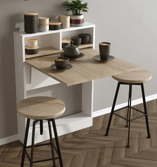 Wall-Mounted Folding Desk & Storage Cabinet – White & Light Wood - Karrari