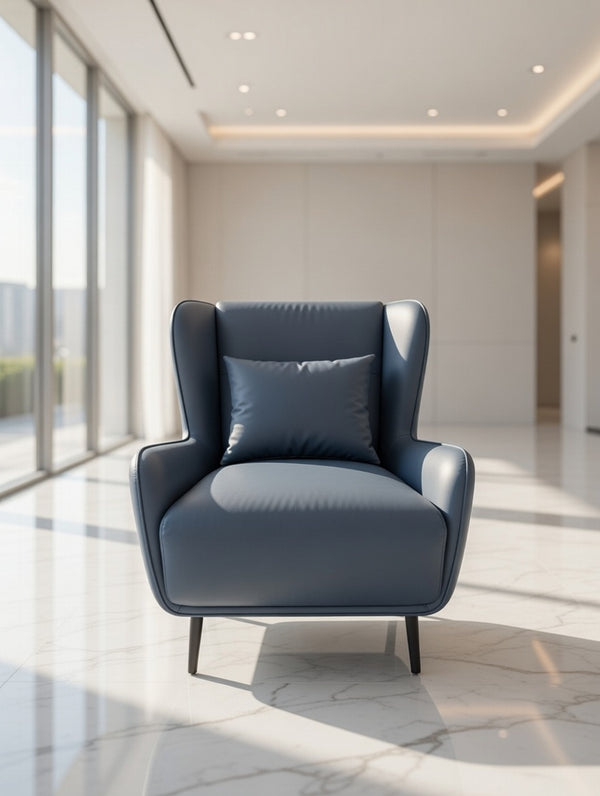 Modern Wingback Accent Chair – Navy Blue Faux Leather Armchair - Karrari