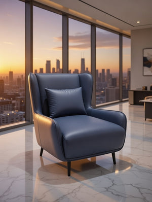 Modern Wingback Accent Chair – Navy Blue Faux Leather Armchair - Karrari