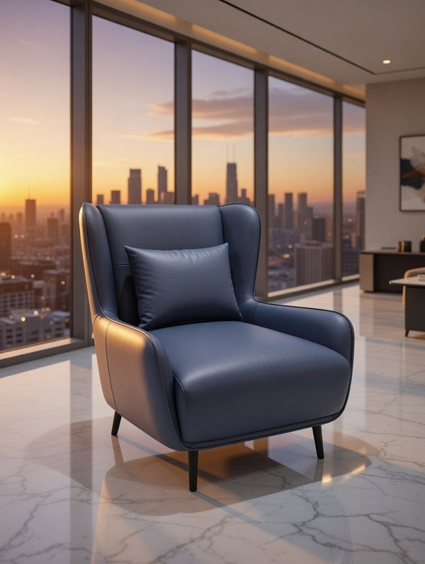 Modern Wingback Accent Chair – Navy Blue Faux Leather Armchair - Karrari