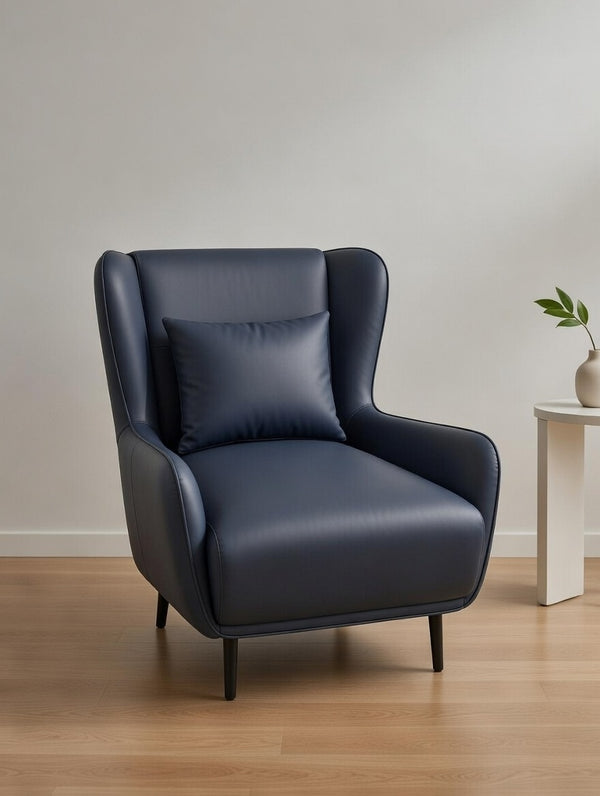 Modern Wingback Accent Chair – Navy Blue Faux Leather Armchair - Karrari