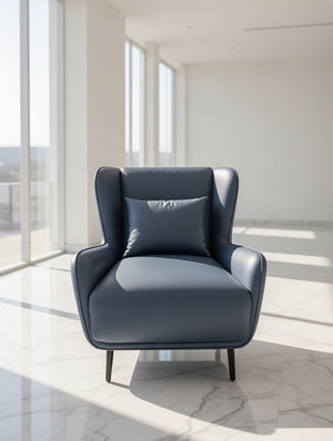Modern Wingback Accent Chair – Navy Blue Faux Leather Armchair - Karrari