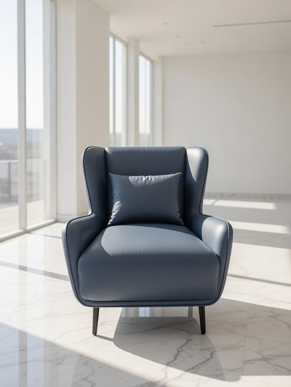 Modern Wingback Accent Chair – Navy Blue Faux Leather Armchair - Karrari