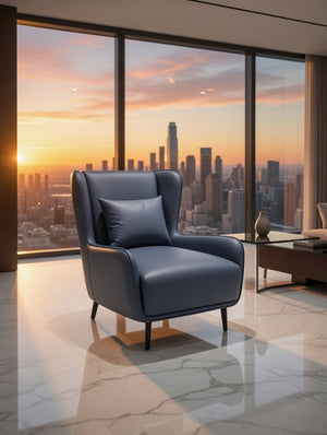 Modern Wingback Accent Chair – Navy Blue Faux Leather Armchair - Karrari