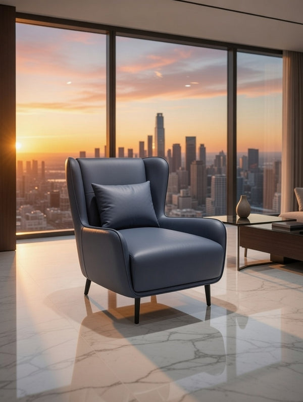 Modern Wingback Accent Chair – Navy Blue Faux Leather Armchair - Karrari