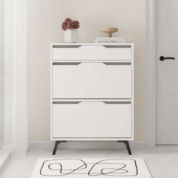 Shoe cabinet with 2 compartments and drawer, Wood, White