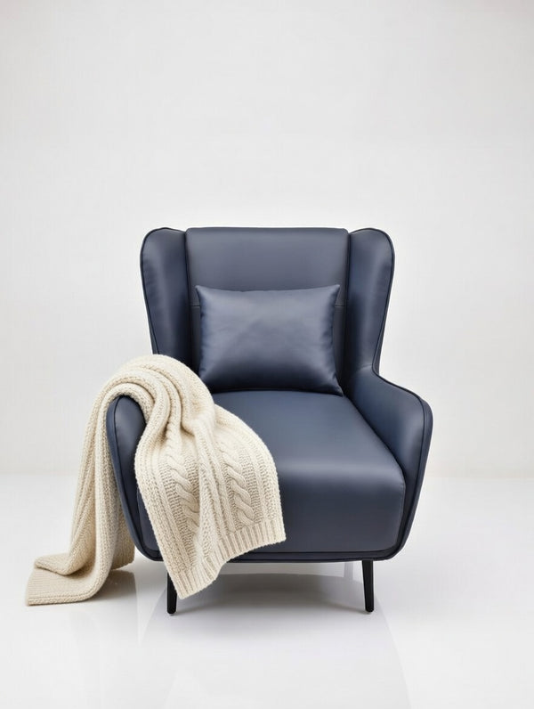 Modern Wingback Accent Chair – Navy Blue Faux Leather Armchair - Karrari