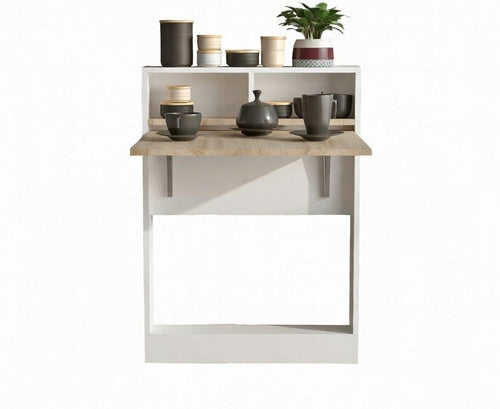 Wall-Mounted Folding Desk & Storage Cabinet – White & Light Wood - Karrari