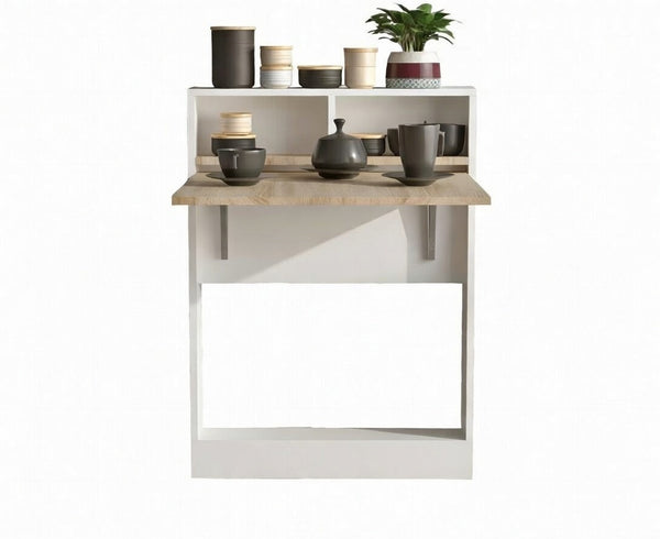 Wall-Mounted Folding Desk & Storage Cabinet – White & Light Wood - Karrari