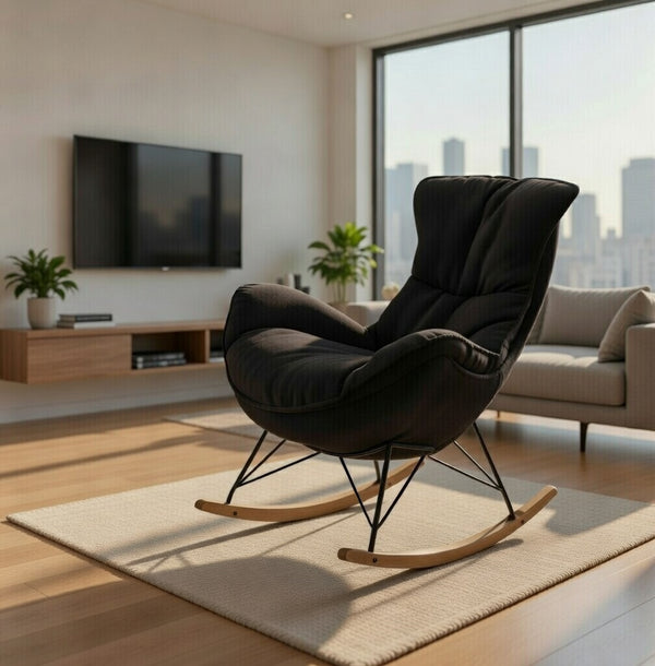Black Leather Rocking Armchair with Industrial Iron Base - Karrari