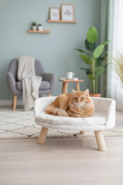 Cat Bed – Soft, Cozy, with a Curved Backrest & Wooden Legs