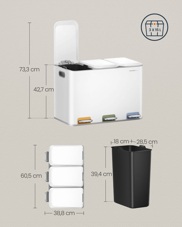 3-in-1 Pedal Recycling Bin (3×15L Compartments) - Karrari