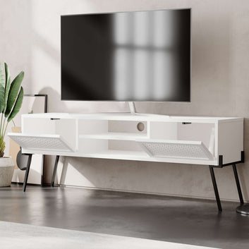 TV stand, White, Wood,  with 2 cabinets and 2 open compartments, 140cm