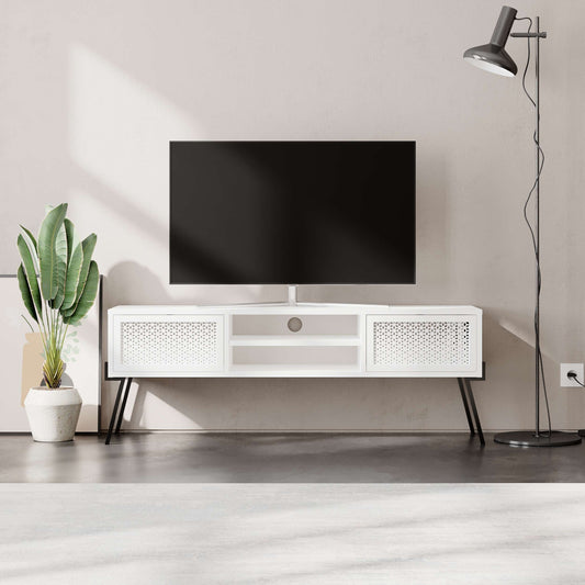 TV stand, White, Wood,  with 2 cabinets and 2 open compartments, 140cm