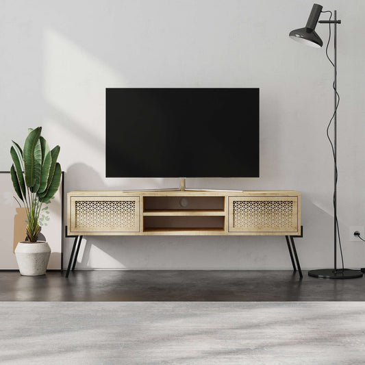 TV stand, Oak, Wood,  with 2 cabinets and 2 open compartments, 140cm