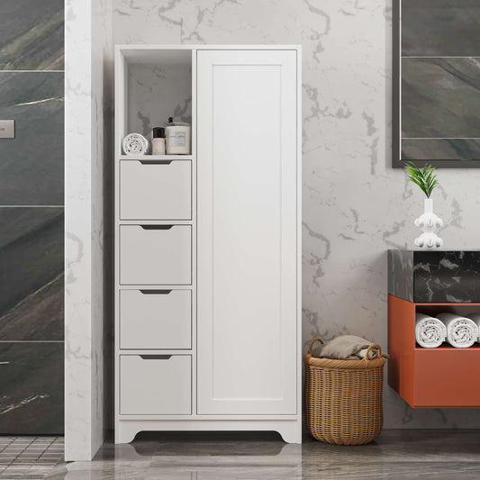 Vertical sideboard with drawers and door, White