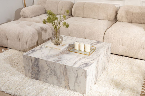 Freesia Marble-Effect Square Plinth Coffee Table - Karrari