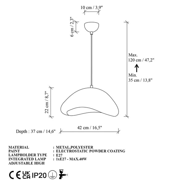 Luna-30-Nua Ceiling Light – White Fiberglass & Metal (42x37x22cm)