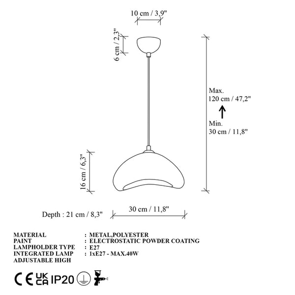 Luna-30-Nua Ceiling Light – White Fiberglass & Metal (30x21x16cm)