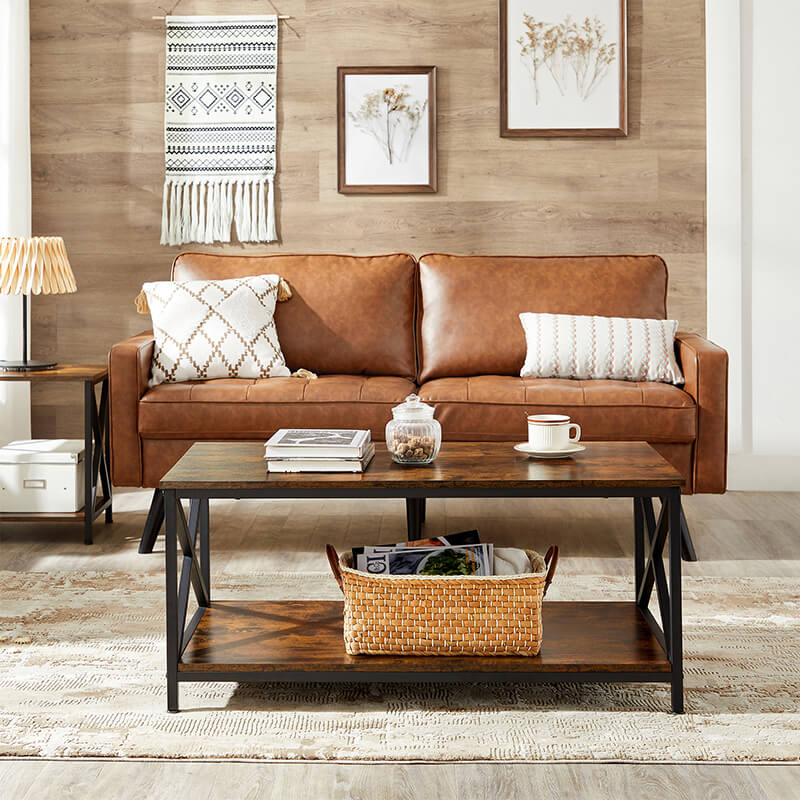 Coffee Table, Cocktail Table with X-Shape Steel Frame and Storage Shelf