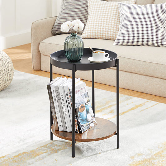 2 Tier Round Coffee Table with Removable Bowl and Metal Frame