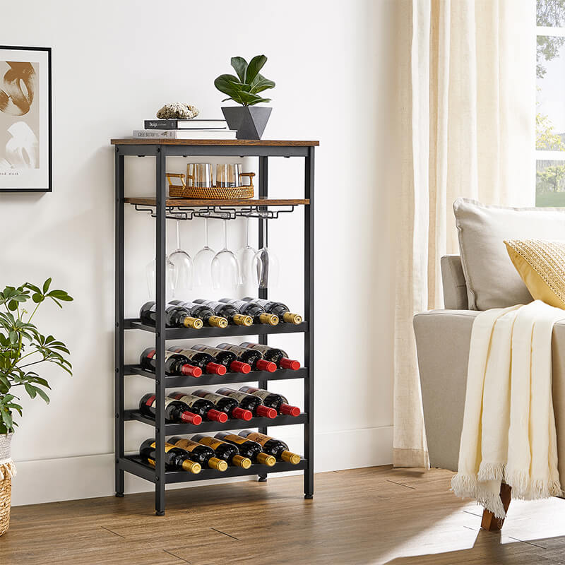 Wine Rack, Holds 20 Bottles, Wine Holder, Bottle Rack with Glass Holder, for Cellar, Kitchen, Dining Room