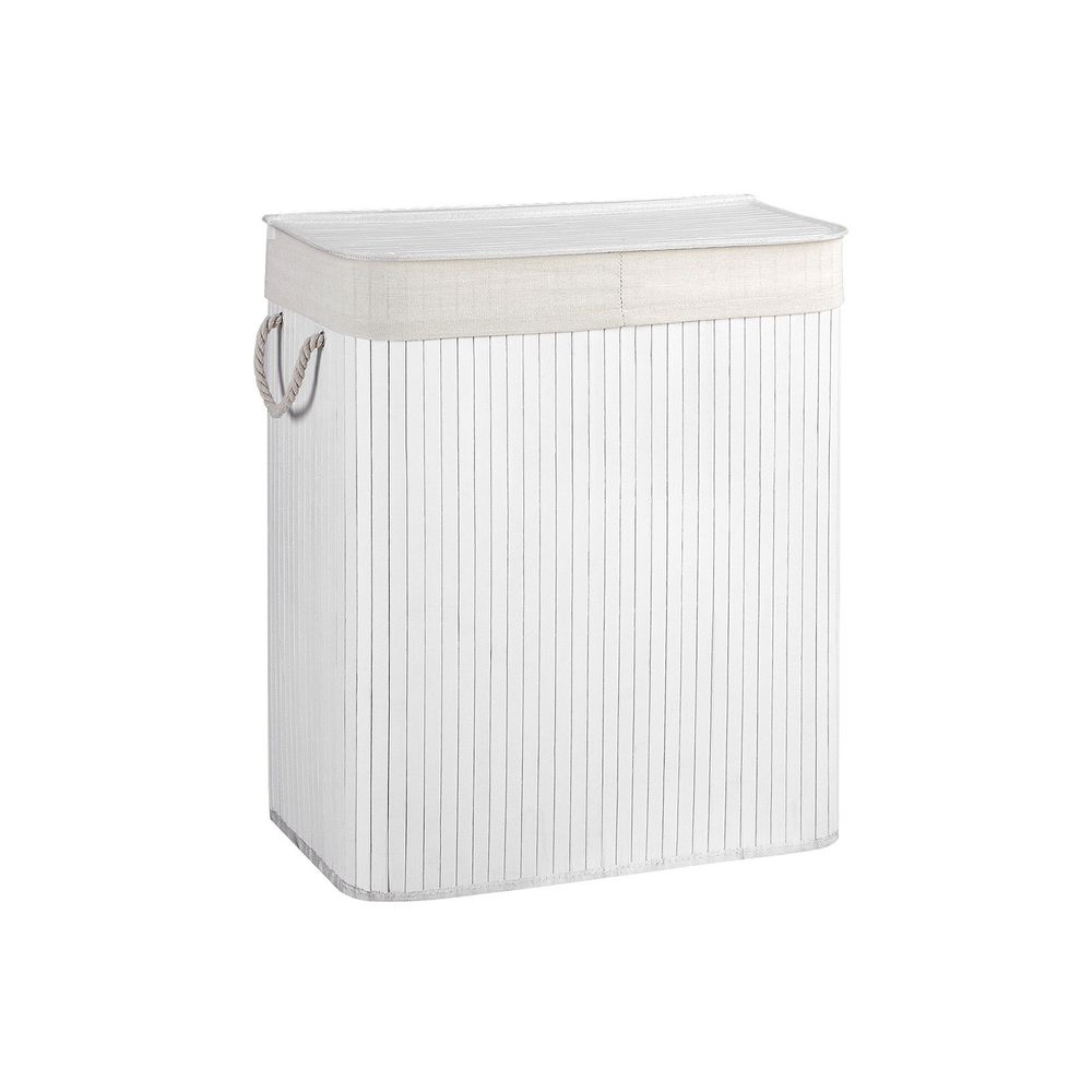 Divided Bamboo Laundry Basket with Lid, 2 Sections, Removable Liners,