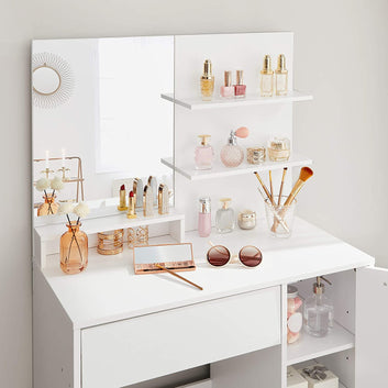 Dressing Table with Mirror, Storage Compartment, 1 Drawer, 2 Shelves, White