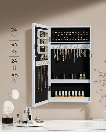 White Mirrored Lockable Jewellery Cabinet, Wall Mount Jewellery Organiser, Gift Idea