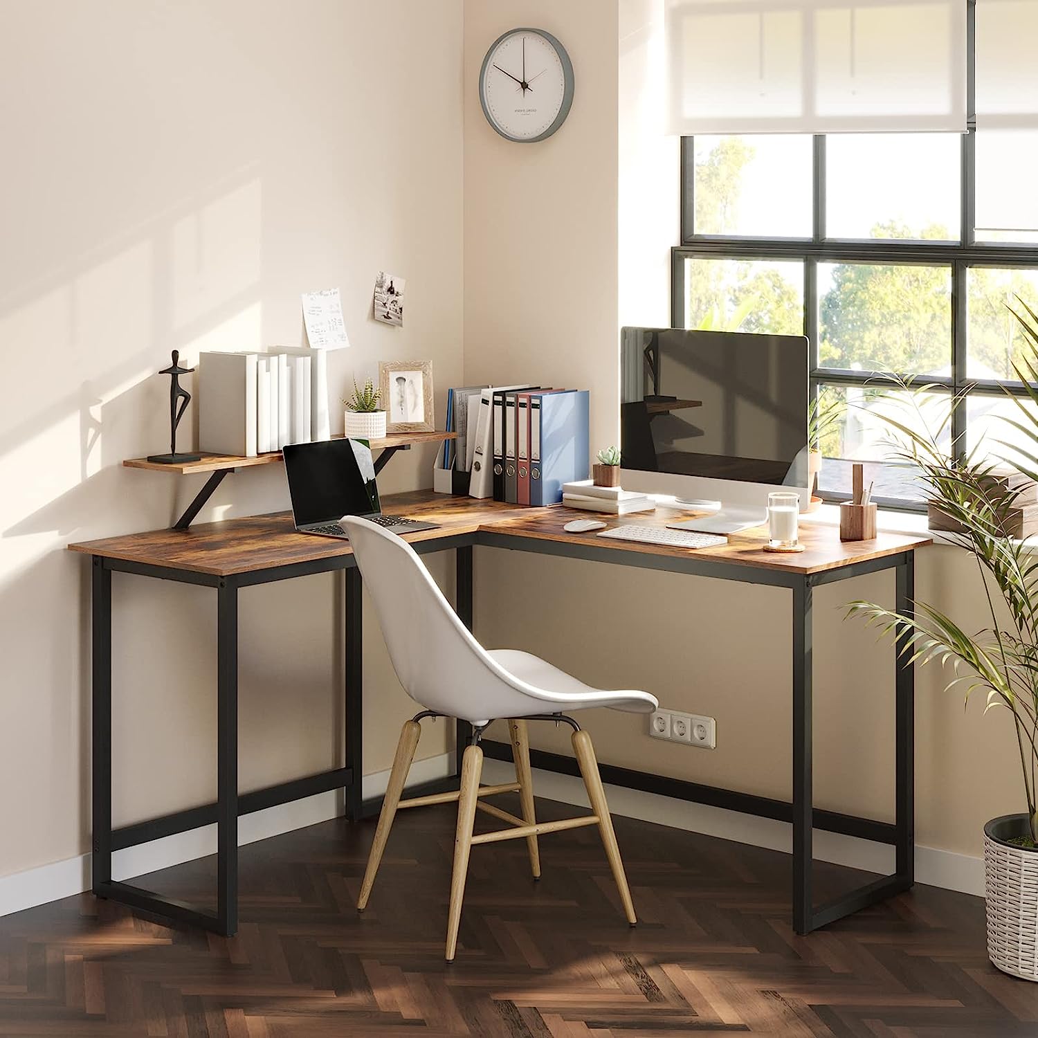 L-Shaped Desk with Screen Stand for Studying, Gaming, Working, Space-Saving, Adjustable Legs