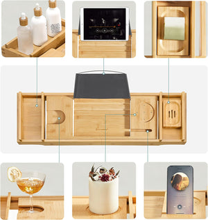Bamboo Bathtub Tray with Book & Drink Holder - Karrari