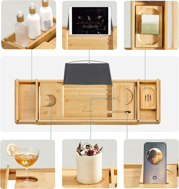 Bamboo Bathtub Tray with Book & Drink Holder - Karrari