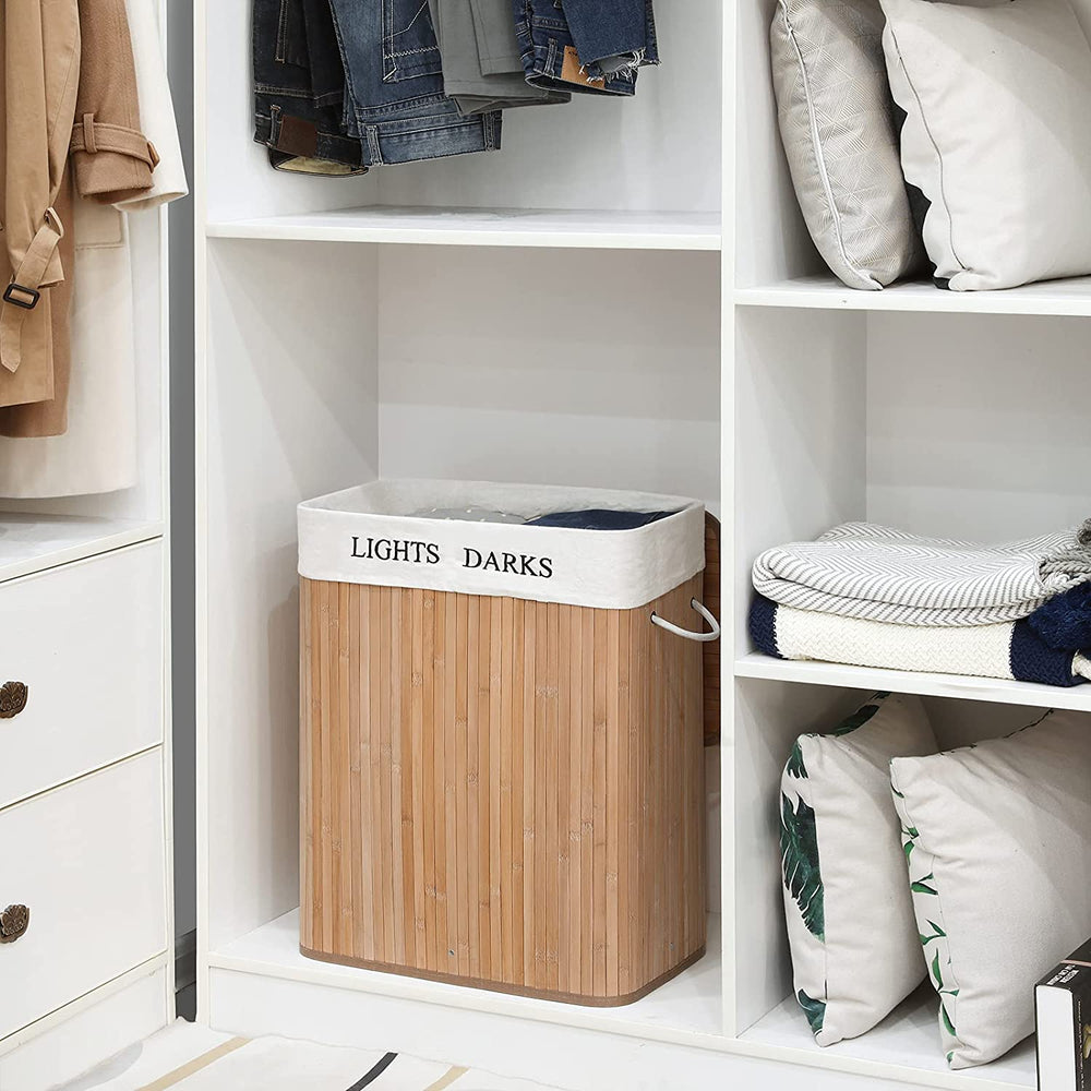 Laundry Bin 100L - Lid, 2 Compartments, Bamboo - Karrari