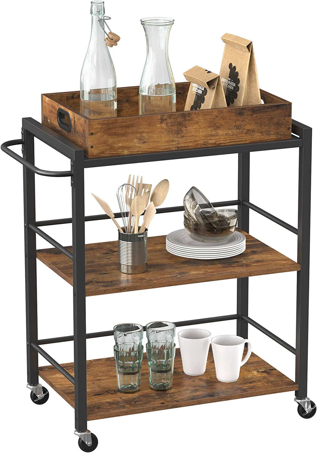 Industrial Kitchen Trolley with Removable Tray, Rustic Brown/Black (65x40x86cm)