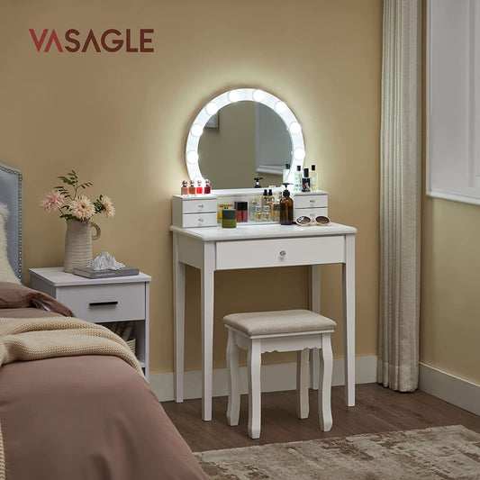 Dressing Table Set with Mirror, 10 Dimmable Bulbs, Modern, Padded Stool