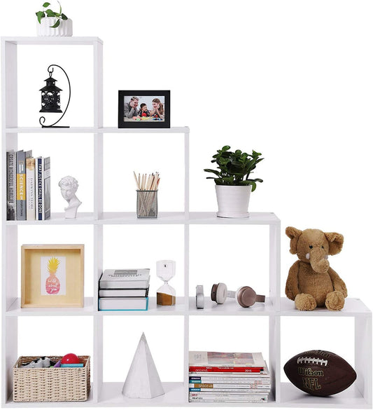 Bookcase, Stair Organiser, 10 Open Cubes, Wooden Display Shelf, Free Standing Shelf, 129.5 x 29 x 129.5 cm, Room Divider, White