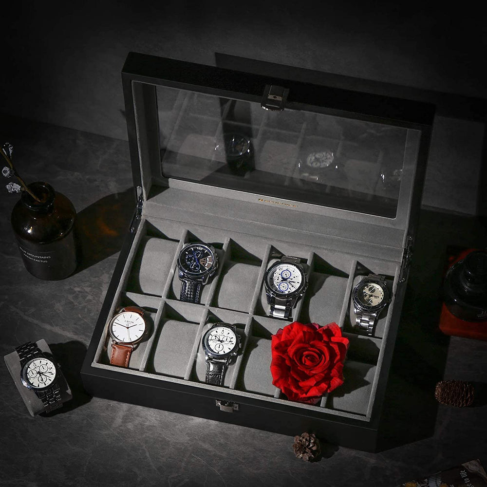 12-Slot Watch Box - Glass Lid & Removable Cushions - Karrari